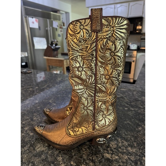 Giuseppe Zanotti Rare Vintage Gold Tooled Leather Western Cowboy Boots NEW 8.5 - Picture 1 of 16